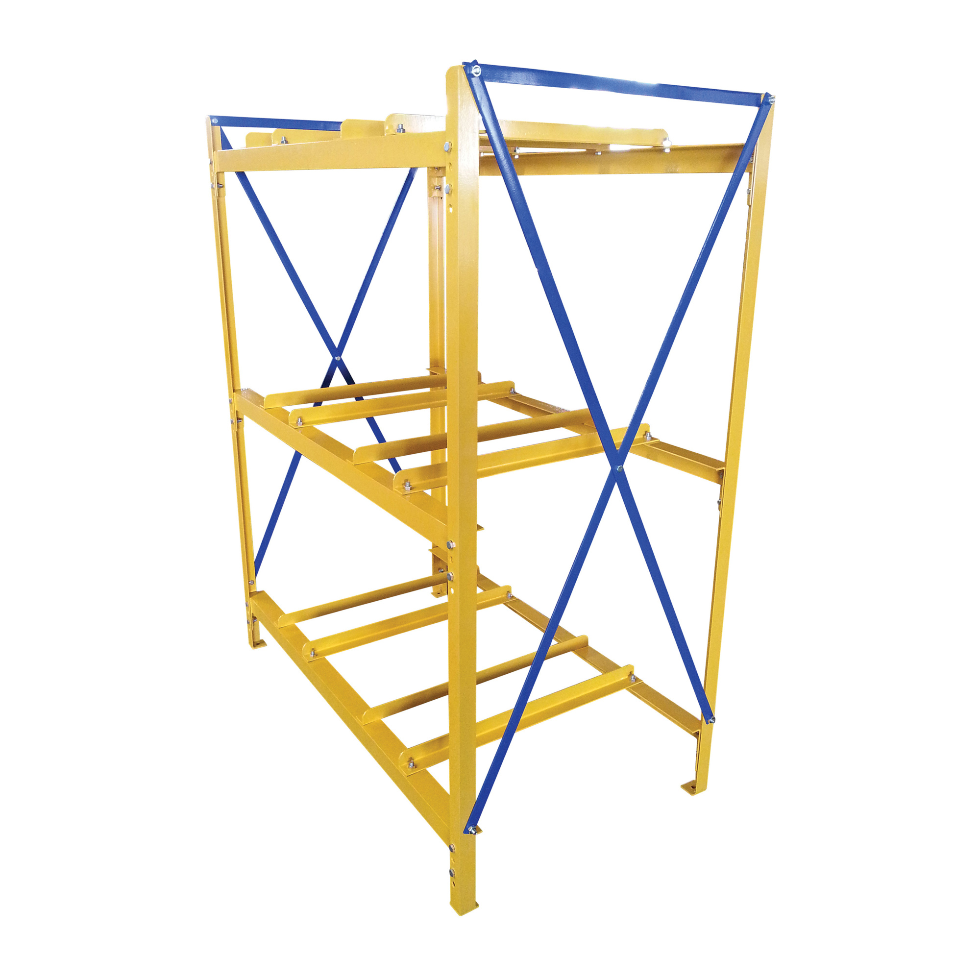 Vestil Horizontal Drum Storage Rack - 74.563in. Height, Holds Six 30-55 Gal. Drums, Heavy-Duty Steel, Yellow/Blue, Model# DRK-2-3